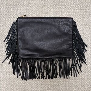 BARNEYS NEW YORK Black Leather Clutch with Fringes. Gold Toned Zippered Pouch